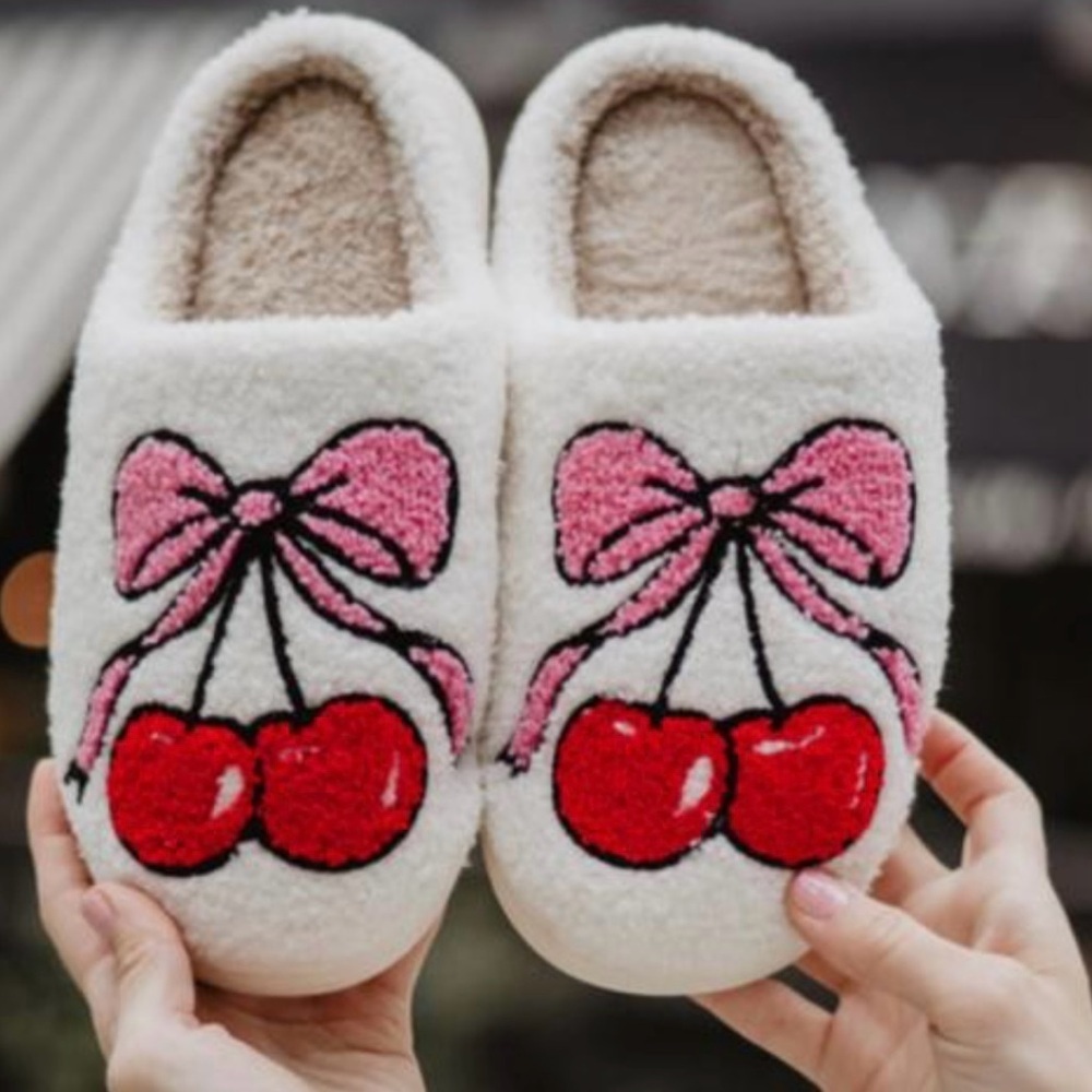 Katydid Fuzzy Slippers with Cherry and Bow Design